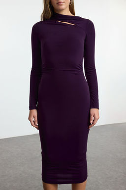 Mor Cut Out Detayl? Fitted/Vucuda Oturan Midi Esnek Orme Elbise TWOAW24EL00142 - Trendyolmilla фото 3