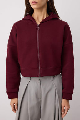 Bordo Fermuarl? Kapusonlu Rahat Kesim Crop Kal?n Ici Polarl? Orme Sweatshirt TWOAW20SW0660