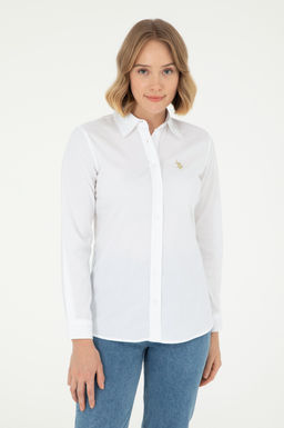 Рубашка женская U.S. Polo Assn с длинным рукавом белая из хлопка и эластана  фото 8