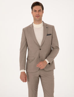 Bej Ex. Slim Fit Y_n Kar___ml_ _izgili Tak_m Elbise