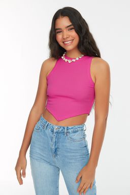 Pembe Asimetrik Super Crop Fitilli Esnek Orme Atlet TWOSS22AL0065