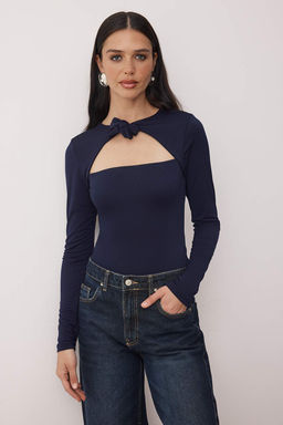 Lacivert Duz Asimetrik Yaka Uzun Orme Sandy Body TPRAW26BD00023