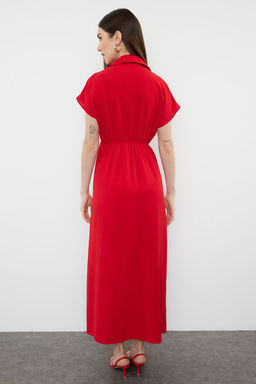 K?rm?z? Duz A Kesim Kruvaze Yaka Aerobin Midi Dokuma Elbise TWOSS24EL00599