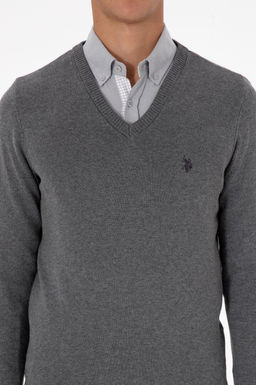 Erkek Slim Fit V Yaka Gri Melanj Basic Triko Kazak - U.s. polo assn фото 6