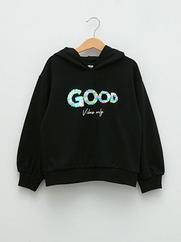 Kap??onlu Bask?l? ?ift Y?nl? Payetli Uzun Kollu K?z ?ocuk Sweatshirt