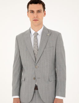 Gri Slim Fit _izgili Y_n Tak_m Elbise