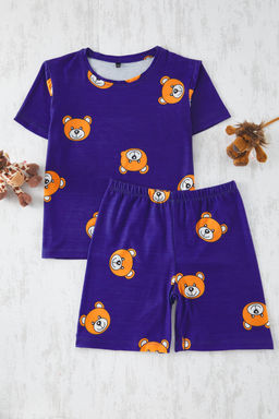 Lacivert Erkek Cocuk Ay?c?k Bask?l? Bisiklet Yaka Orme Alt Ust Pijama Tak?m? TKDSS25PT00004