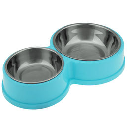 Пэт тойс (Pet toys) Миска для кормления животных из нержавеющей стали Кузя 0,2л/0,4л, д10,8см h3,1см/д14см h3,9см, 2 штуки на пластмассовой подставке 27,7х17см h5см, прорезиненные ножки, цвета в ассортименте: розовый, салатовый, бирюзовый (Китай)  фото 3