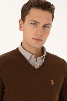 Erkek Slim Fit V Yaka Kahverengi Basic Triko Kazak - U.s. polo assn фото 2
