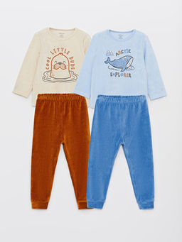 Bisiklet Yaka Uzun Kollu Bask?l? Kadife Erkek Bebek Pijama Tak?m? 2li