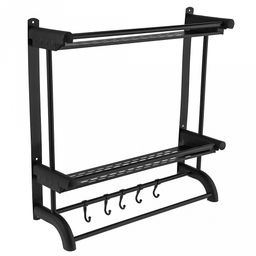 Полка для ванной металлическая "Стелла" 50х15х50см, 2-х ярусная, 4 крючка, 1 перекладина, с перфорацией, настенная, сверление - с комплектующими; окрашенная, черный, в коробке (Китай)