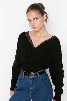 Siyah Kruvaze Dantel Garnili Triko Kazak TWOAW22KZ0522 - Trendyolmilla фото 3