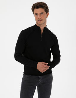 Siyah Slim Fit Dik Yaka Fermuarl_ Triko Kazak - Pierre cardin фото 3