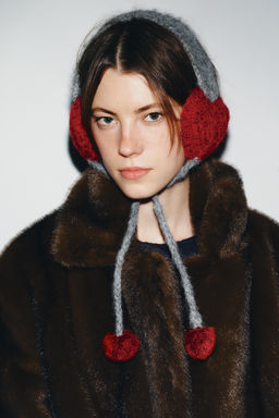 KNITTED HEART POMPOM EARMUFFS