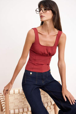 Kiremit Fitted/Vucuda Oturan Kare Yaka Kal?n Ask?l? Kolsuz Pamuklu Esnek Orme Atlet TWOSS26AL00030