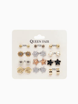 Серьги пусеты 12 пар «Фантазия» цветы и звёзды, белые в золоте