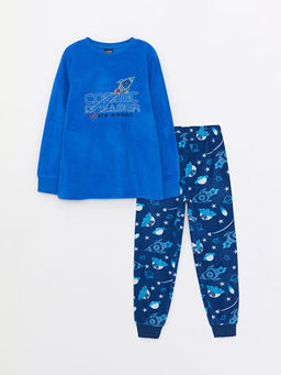 Bisiklet Yaka Bask?l? Uzun Kollu Polar Erkek ?ocuk Pijama Tak?m?