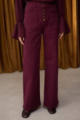 Ozel Koleksiyon Bordo Dugme Detayl? Yuksek Bel Wide Leg Comfort/Esnek Jeans TWOAW26JE00017