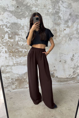 Kahverengi Beli Lastikli Pull On Wide Leg/Genis Paca Dokuma Pantolon TWOSS25PL00041