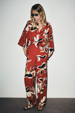 FLORAL PRINT LINEN BLEND TROUSERS - Zara фото 9