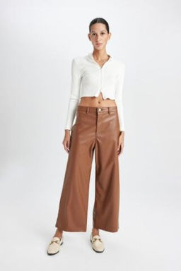 Culotte Crop Suni Deri Pantolon Yuksek Bel Genis Bol Paca