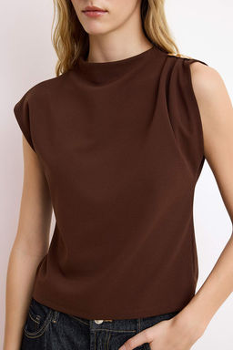 Kahverengi Fitted/Vucuda Oturan Aksesuar Detayl? Drapeli Esnek Orme Bluz TWOSS25BZ00044