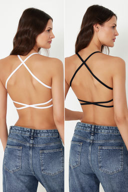 Trendyolmilla Siyah-Beyaz 2li Seamless/Dikisiz Ip Ask?l? Balensiz Kaps?z Bralette Orme Sutyen THMSS24SU00062 фото 11
