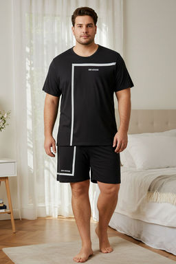 TRENDYOL MAN Siyah Regular Fit Bask?l? Orme Buyuk Beden Pijama Tak?m? TMNSS25AI00000