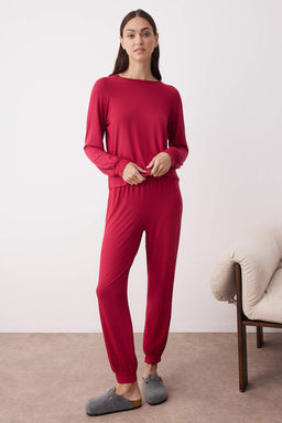 Bordo Duz Viskon Suprem Orme Pijama Tak?m? THMAW26PT00019