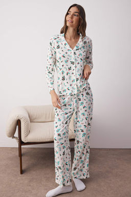 Ekru-Yesil %100 Pamuklu Cicekli Biyeli Orme Pijama Tak?m? THMAW26PT00058 - Trendyolmilla фото 2