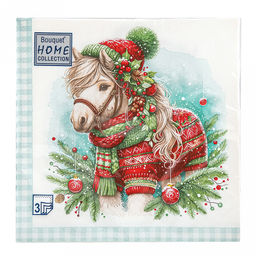 Салфетки бумажные "Bouquet" 33х33см, 3-х слойные, 20 штук в упаковке, 100% целлюлоза, "Новогодный пони" (Россия)