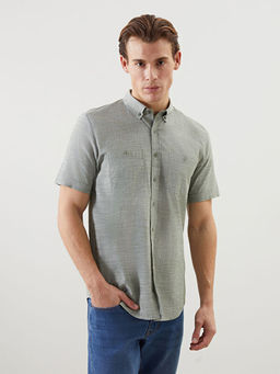 Regular Fit K?sa Kollu Keten G?r?n?ml? Erkek G?mlek