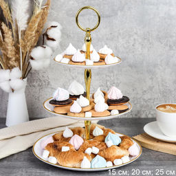 Ваза для фруктов 3-х ярусная 15/20/25 Круг белая золотой обод / D-1245 /уп 65/ Пластик - Галеонтрейд фото 3