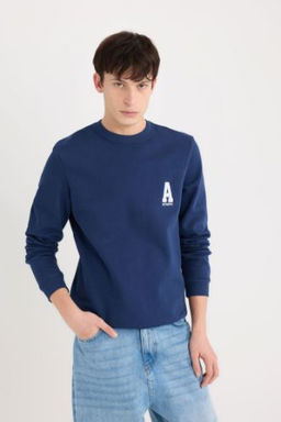 New Regular Fit Bisiklet Yaka Bask?l? Kal?n Sweatshirt