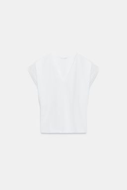 CAMISETA ESCOTE PICO ALGOD?N / Blanco - Zara фото 5