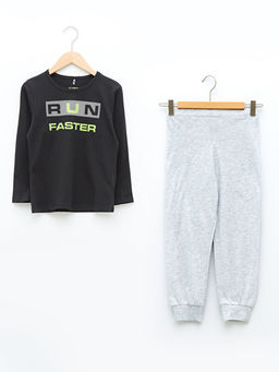 Bisiklet Yaka Bask?l? Uzun Kollu Erkek ?ocuk Pijama Tak?m?