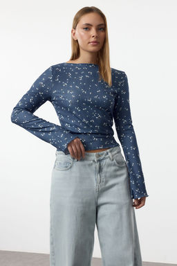 Indigo Bask?l? Fitted/Vucuda Oturan Burumcuk/Dokulu Esnek Orme Bluz TWOAW25BZ00111