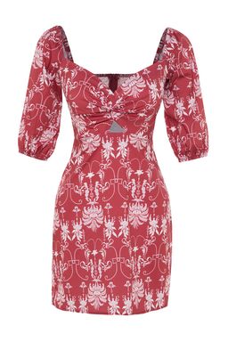 Bordo Duz Kesim Mini Pamuklu Kalp Yaka Desenli Dokuma Elbise TWOSS23EL00284 - Trendyolmilla фото 8