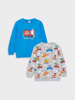 Bisiklet Yaka Uzun Kollu Bask?l? Erkek Bebek Sweatshirt 2li