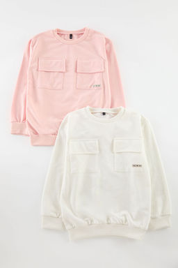 Pembe-Ekru K?z Cocuk Duz Pamuklu Orme Sweatshirt TKDAW25SW00019