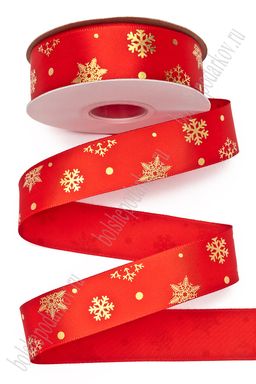 Лента атласная 2,5 см*20 ярд "Снежинки" SF-7328, красный/золото №026