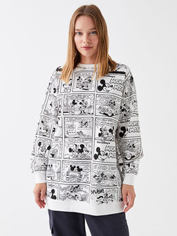Bisiklet Yaka Mickey ve Arkada?lar? Bask?l? Uzun Kollu Oversize Kad?n Sweatshirt Tunik