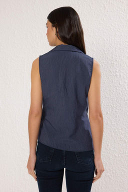 Lacivert Kruvaze Kolsuz Cizgili Gomlek TWOSS25GO00156 - Trendyolmilla фото 4