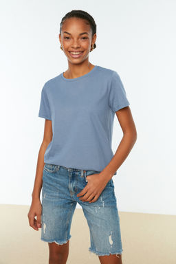 Indigo-Pembe %100 Pamuk 2li Paket Basic Bisiklet Yaka Orme T-Shirt TWOSS20TS0141