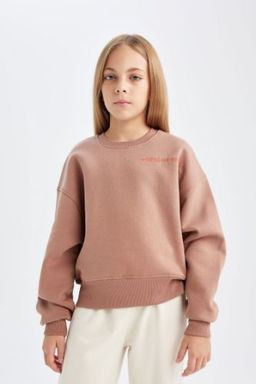 K?z Cocuk Relax Fit Bisiklet Yaka Bask?l? Sweatshirt
