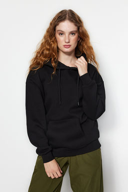 Siyah Kal?n Ici Polarl? Oversize/Genis Kal?p Kapusonlu Basic Orme Sweatshirt TWOAW24SW00103