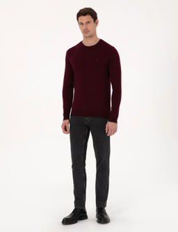 Bordo Slim Fit Pamuk Kar___ml_ Bisiklet Yaka Triko Kazak - Cacharel фото 4