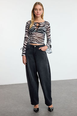 Siyah Zebra Bask?l? Fitted/Vucuda Oturan Esnek Orme Bluz TWOAW25BZ00286 - Trendyolmilla фото 2