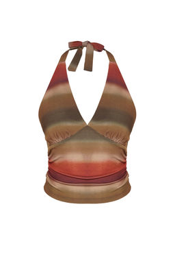 Cok Renkli Boyundan Baglamal? Vucuda Oturan Desenli Crop Esnek Orme Bluz TWOSS24BZ00061