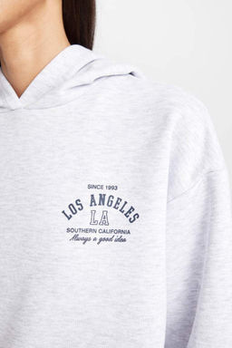 Женская серая толстая толстая толстовка обычного кроя с капюшоном и принтом - Defacto фото 5